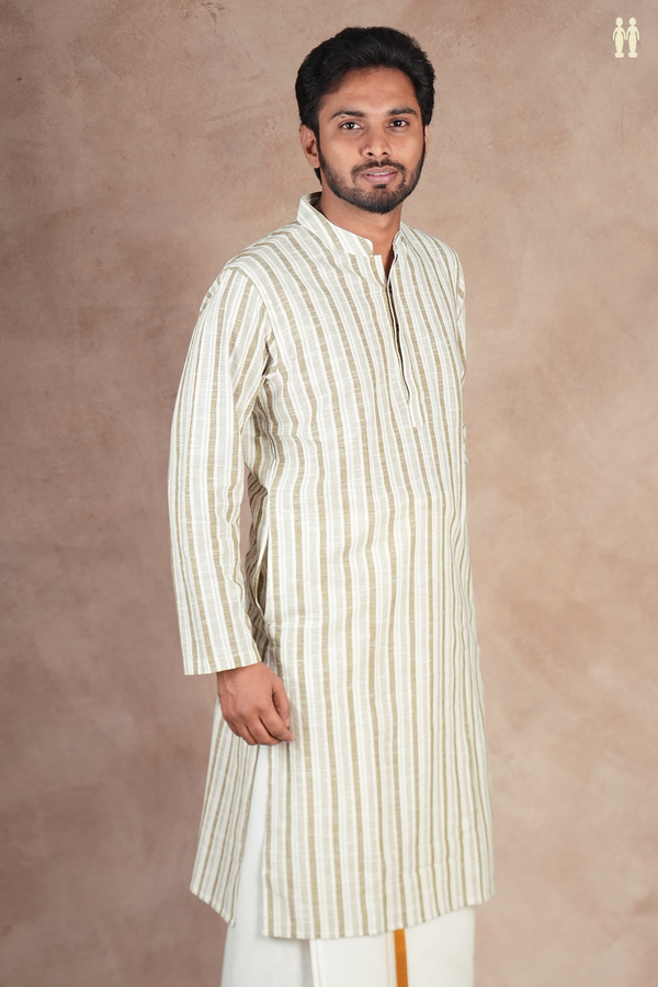 Chinese Collar Stripes Design White And Green Cotton Long Kurta
