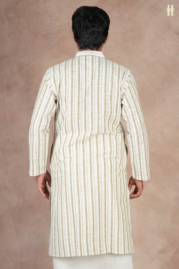 Chinese Collar Stripes Design White And Green Cotton Long Kurta