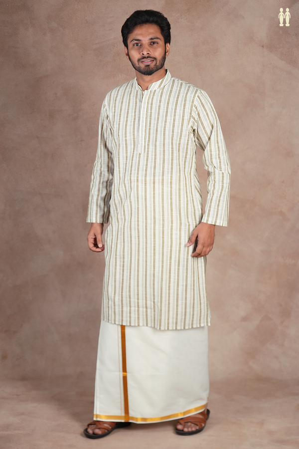 Chinese Collar Stripes Design White And Green Cotton Long Kurta