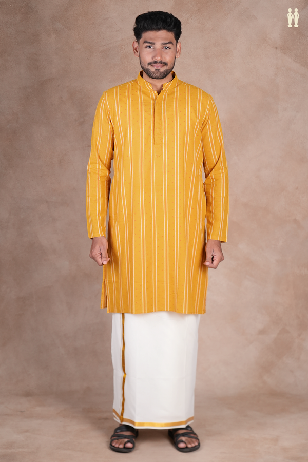 Chinese Collar Stripes Design Honey Yellow Cotton Long Kurta