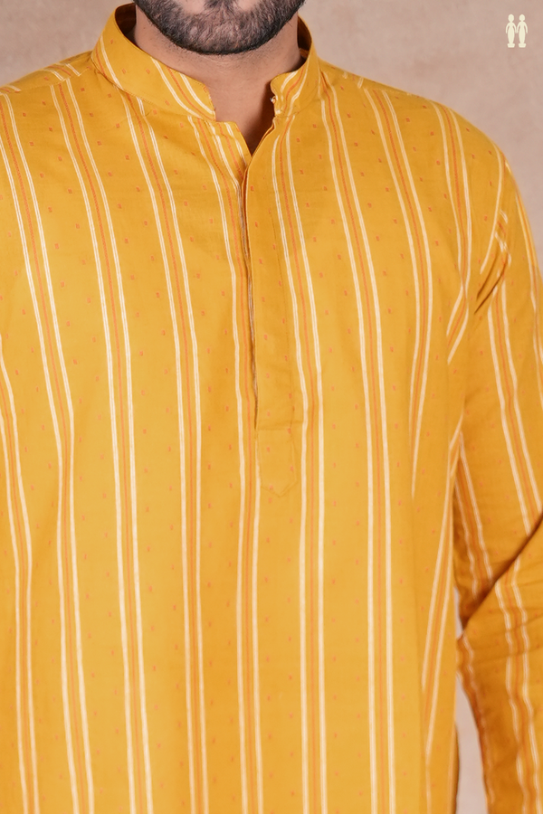 Chinese Collar Stripes Design Honey Yellow Cotton Long Kurta