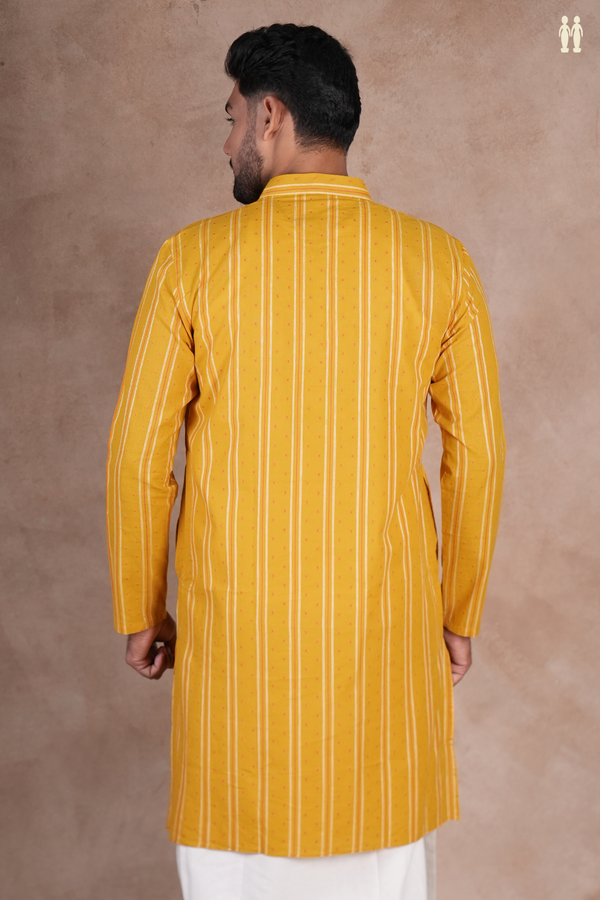 Chinese Collar Stripes Design Honey Yellow Cotton Long Kurta