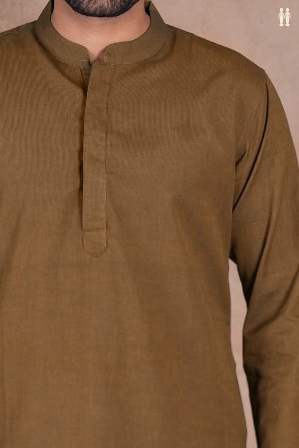 Chinese Collar Plain Peanut Brown Cotton Long Kurta