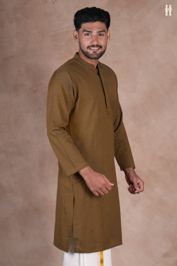 Chinese Collar Plain Peanut Brown Cotton Long Kurta