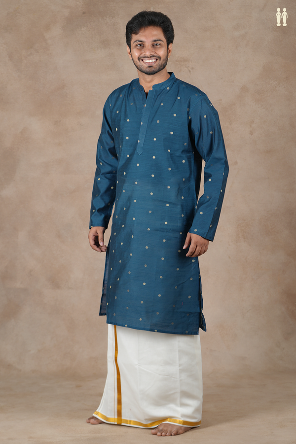 Chinese Collar Zari Buttas Prussian Blue Long Kurta