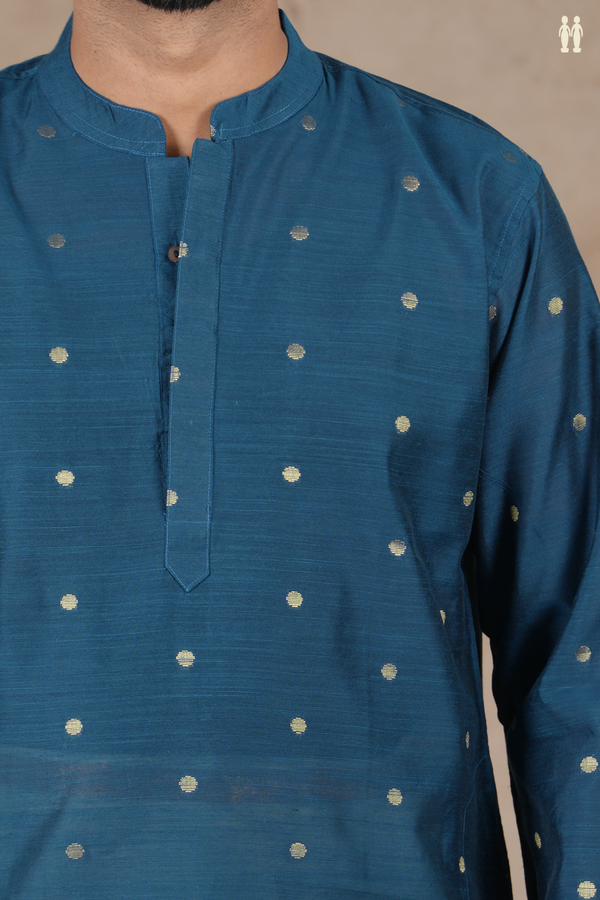 Chinese Collar Zari Buttas Prussian Blue Long Kurta