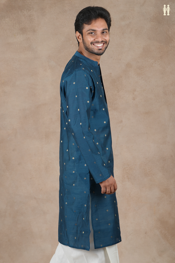 Chinese Collar Zari Buttas Prussian Blue Long Kurta