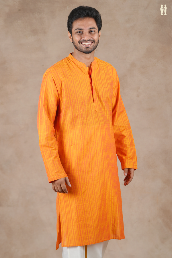 Chinese Collar Stripes Design Royal Orange Cotton Long Kurta