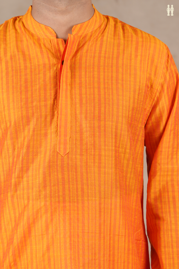 Chinese Collar Stripes Design Royal Orange Cotton Long Kurta