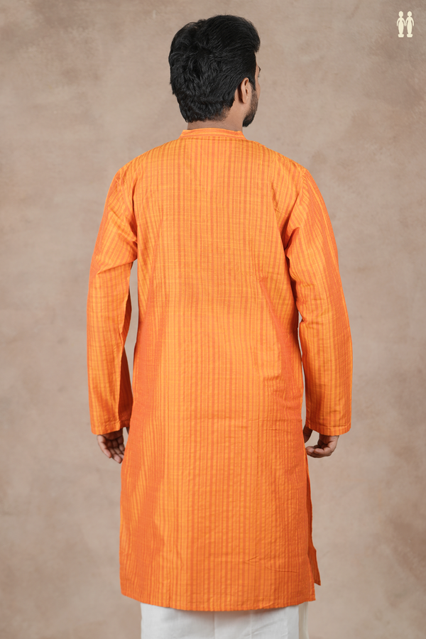 Chinese Collar Stripes Design Royal Orange Cotton Long Kurta