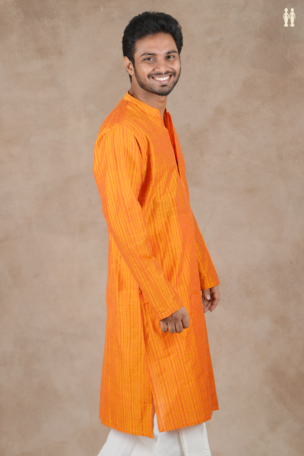 Chinese Collar Stripes Design Royal Orange Cotton Long Kurta