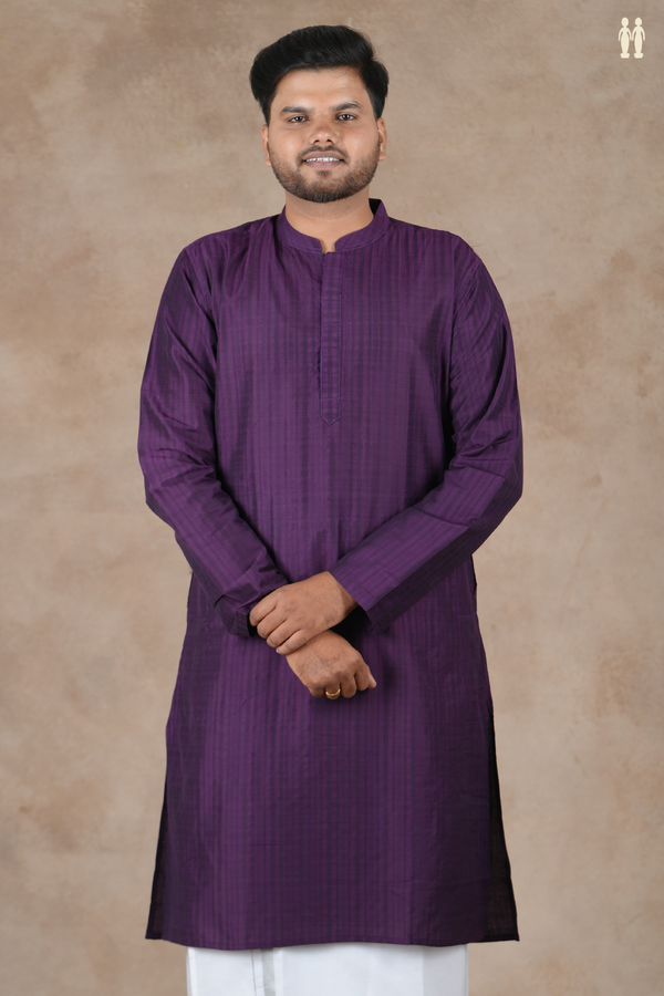 Chinese Collar Stripes Design Purple Cotton Long Kurta