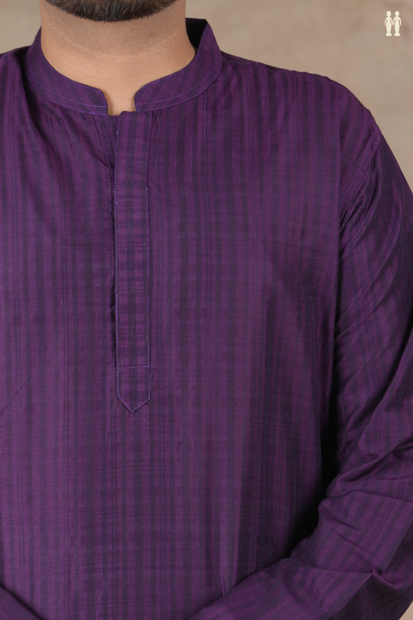 Chinese Collar Stripes Design Purple Cotton Long Kurta
