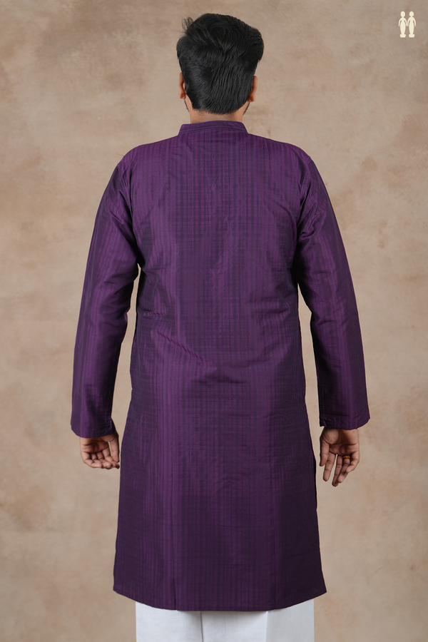 Chinese Collar Stripes Design Purple Cotton Long Kurta