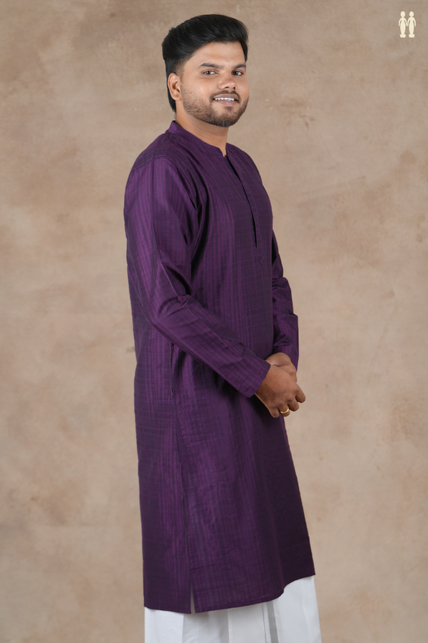 Chinese Collar Stripes Design Purple Cotton Long Kurta