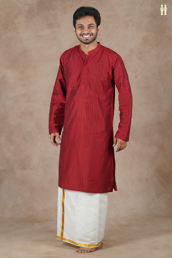 Chinese Collar Stripes Design Crimson Red Cotton Long Kurta