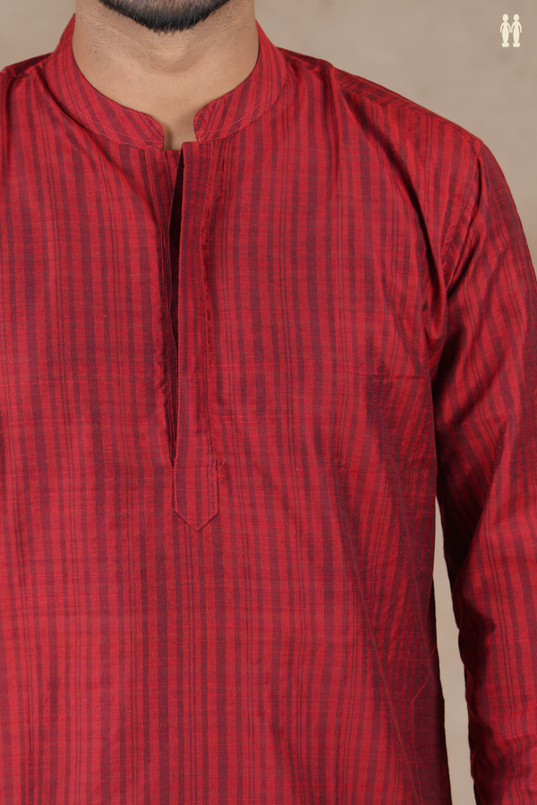 Chinese Collar Stripes Design Crimson Red Cotton Long Kurta