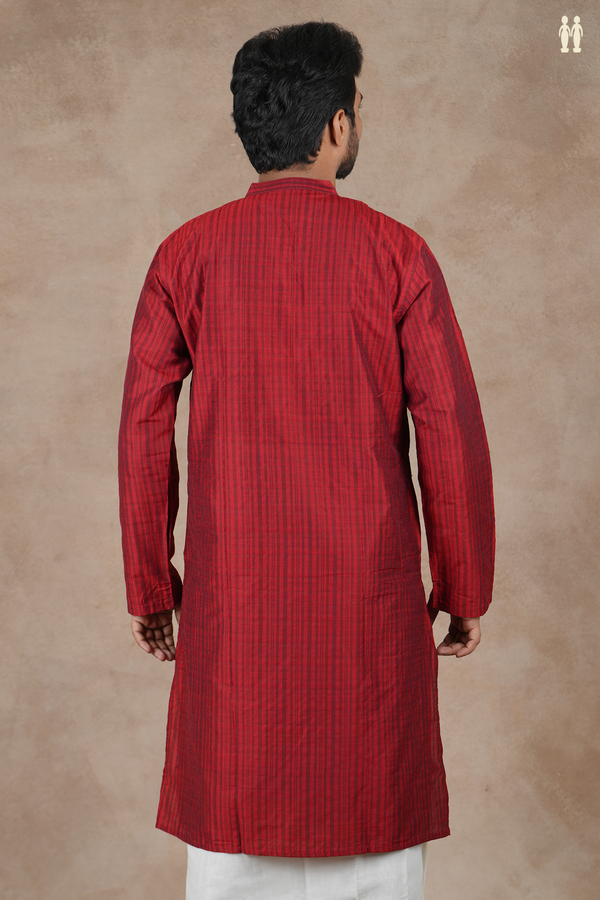 Chinese Collar Stripes Design Crimson Red Cotton Long Kurta
