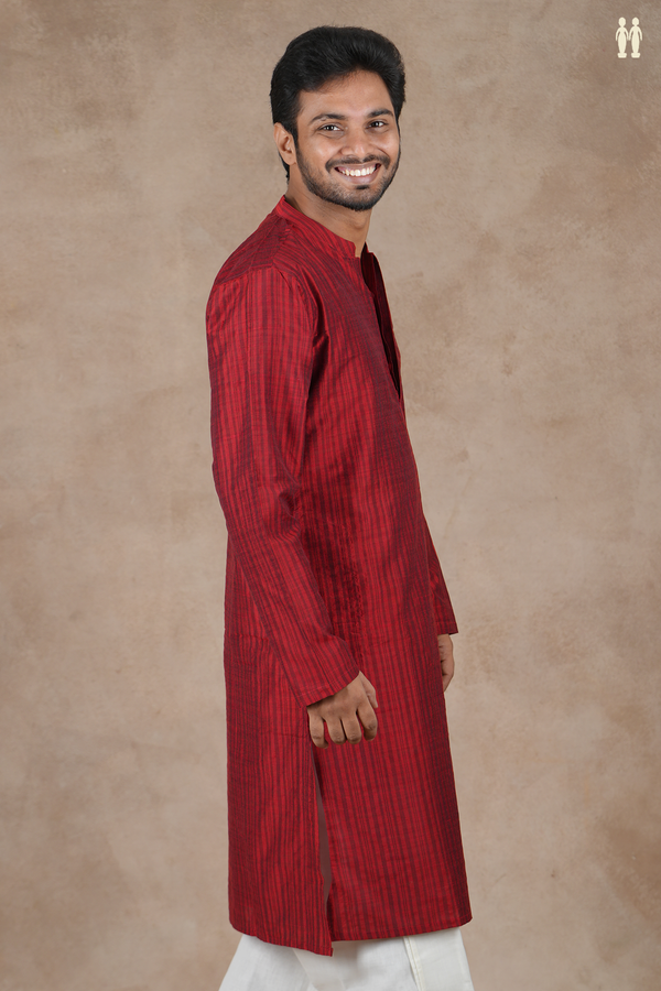 Chinese Collar Stripes Design Crimson Red Cotton Long Kurta