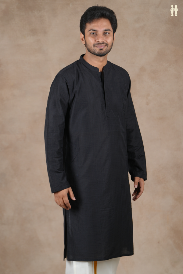 Chinese Collar Plain Black Cotton Long Kurta