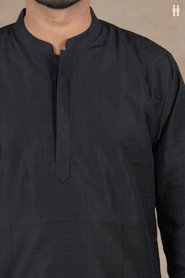 Chinese Collar Plain Black Cotton Long Kurta