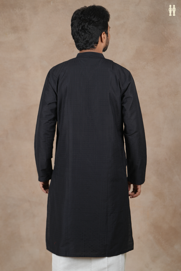 Chinese Collar Plain Black Cotton Long Kurta