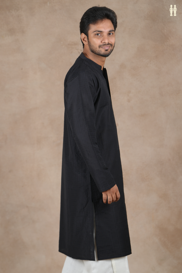 Chinese Collar Plain Black Cotton Long Kurta