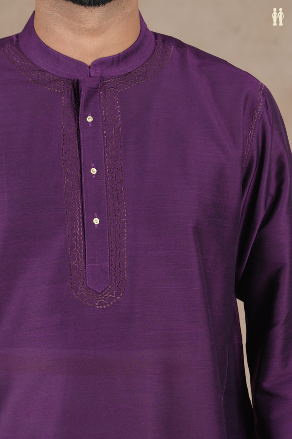 Chinese Collar Plain Purple Raw Silk Long Kurta