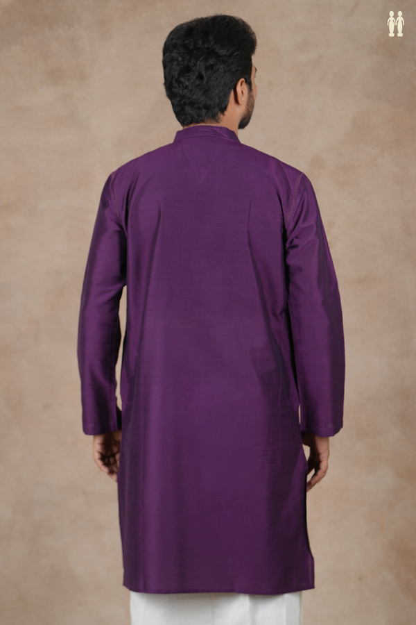 Chinese Collar Plain Purple Raw Silk Long Kurta