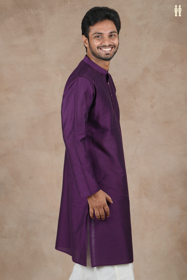 Chinese Collar Plain Purple Raw Silk Long Kurta