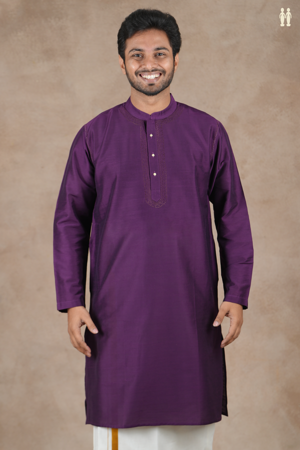 Chinese Collar Plain Purple Raw Silk Long Kurta