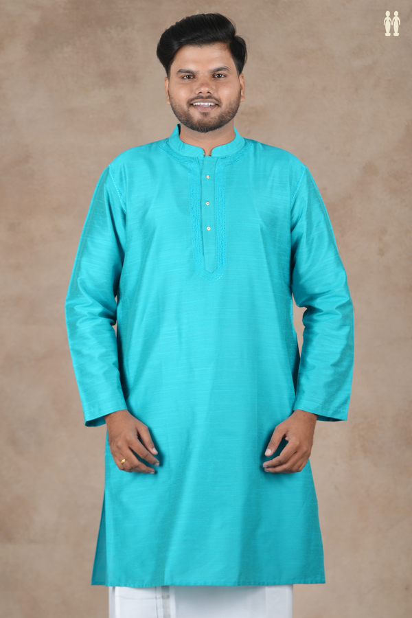 Chinese Collar Plain Cerulean Blue Raw Silk Long Kurta