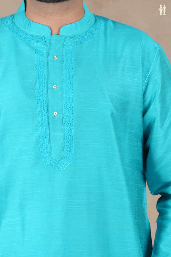 Chinese Collar Plain Cerulean Blue Raw Silk Long Kurta
