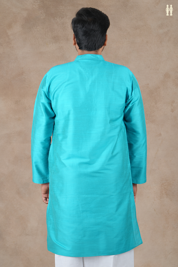 Chinese Collar Plain Cerulean Blue Raw Silk Long Kurta