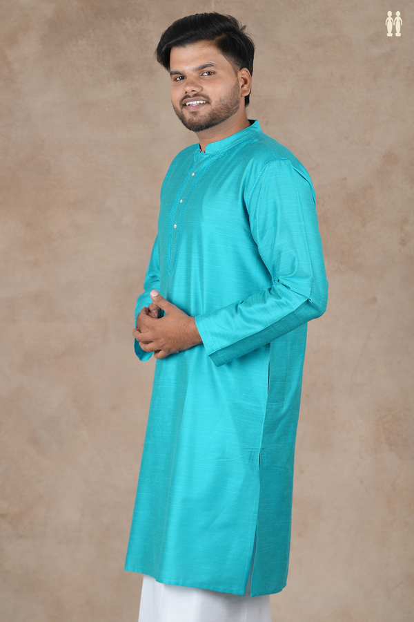 Chinese Collar Plain Cerulean Blue Raw Silk Long Kurta