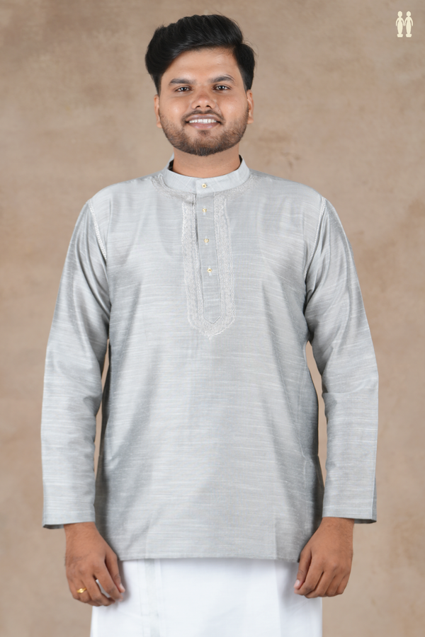 Chinese Collar Plain Grey Raw Silk Short Kurta