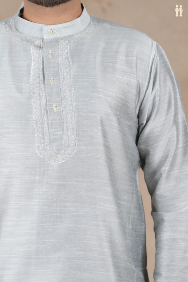 Chinese Collar Plain Grey Raw Silk Short Kurta