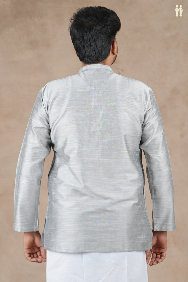 Chinese Collar Plain Grey Raw Silk Short Kurta
