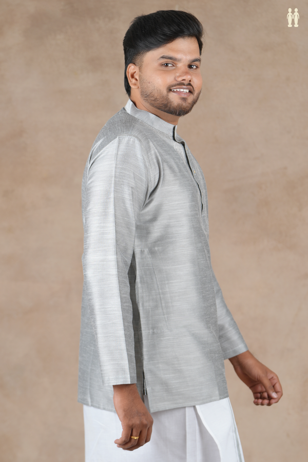 Chinese Collar Plain Grey Raw Silk Short Kurta