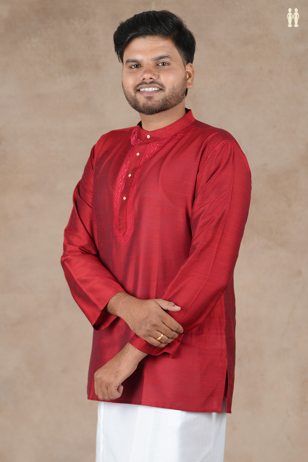 Chinese Collar Plain Crimson Red Raw Silk Short Kurta