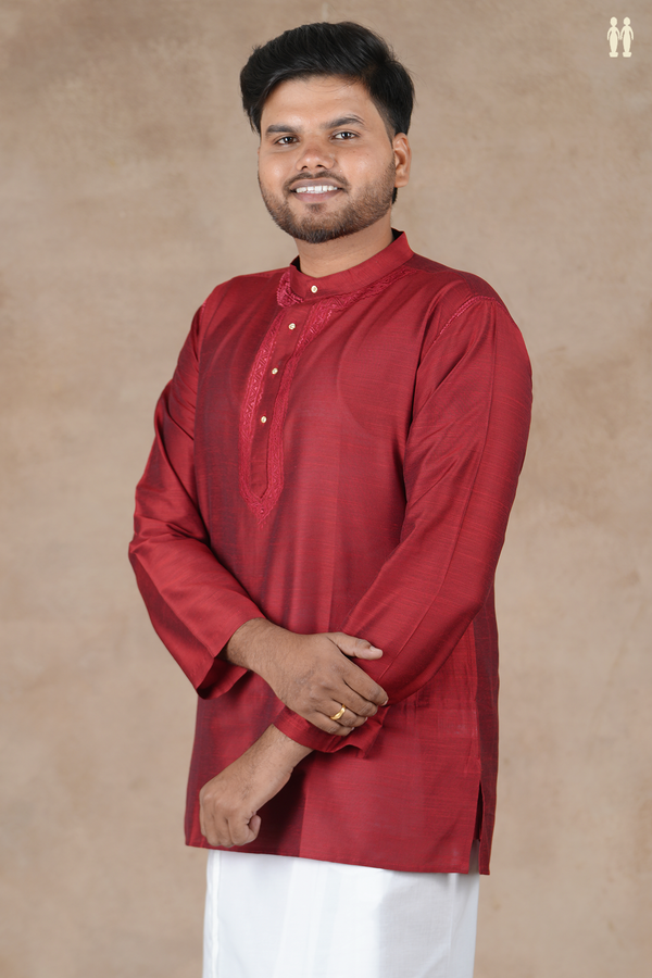 Chinese Collar Plain Crimson Red Raw Silk Short Kurta