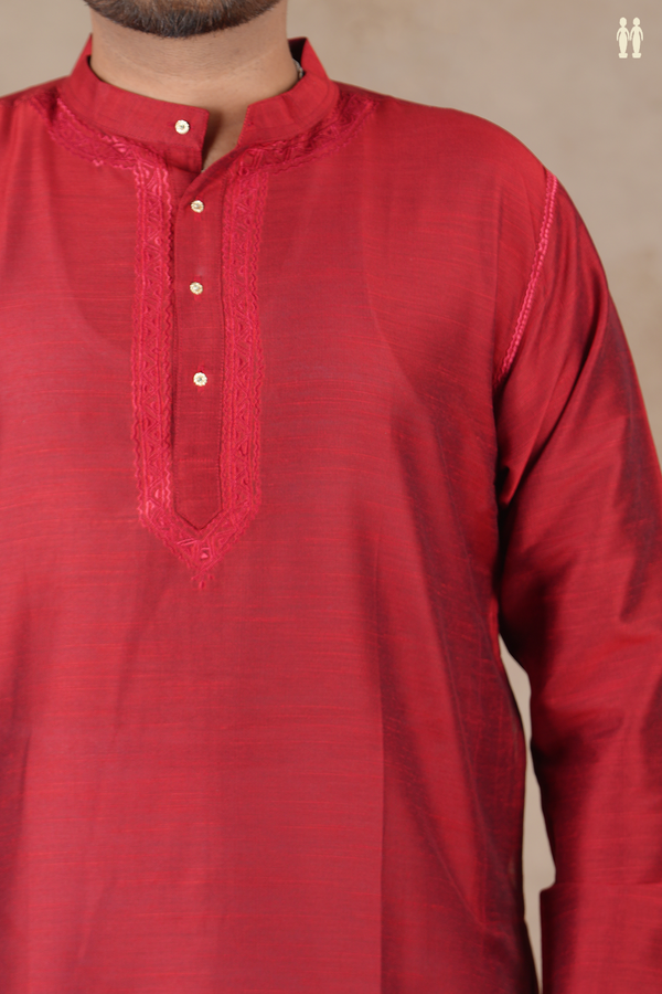 Chinese Collar Plain Crimson Red Raw Silk Short Kurta