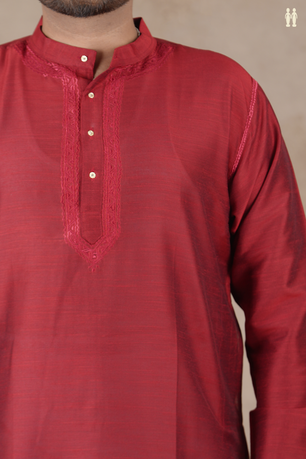 Chinese Collar Plain Crimson Red Raw Silk Short Kurta