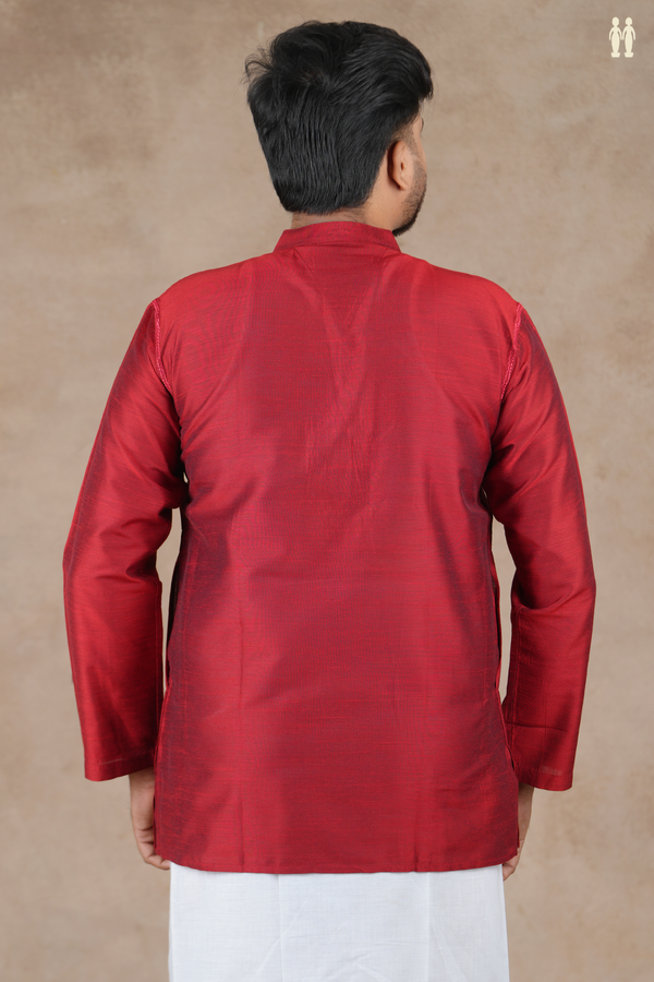 Chinese Collar Plain Crimson Red Raw Silk Short Kurta