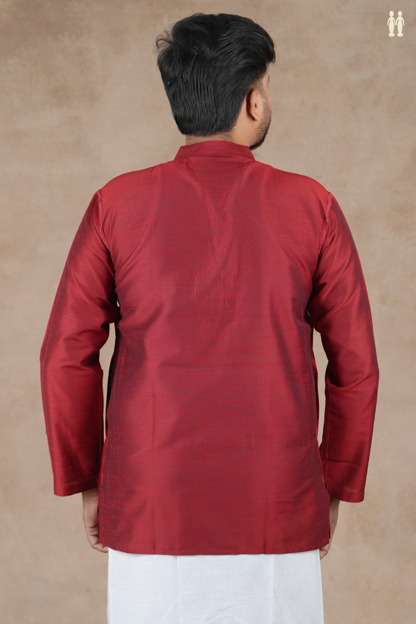 Chinese Collar Plain Crimson Red Raw Silk Short Kurta