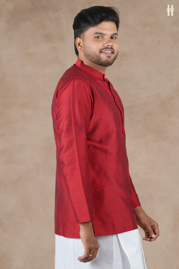 Chinese Collar Plain Crimson Red Raw Silk Short Kurta