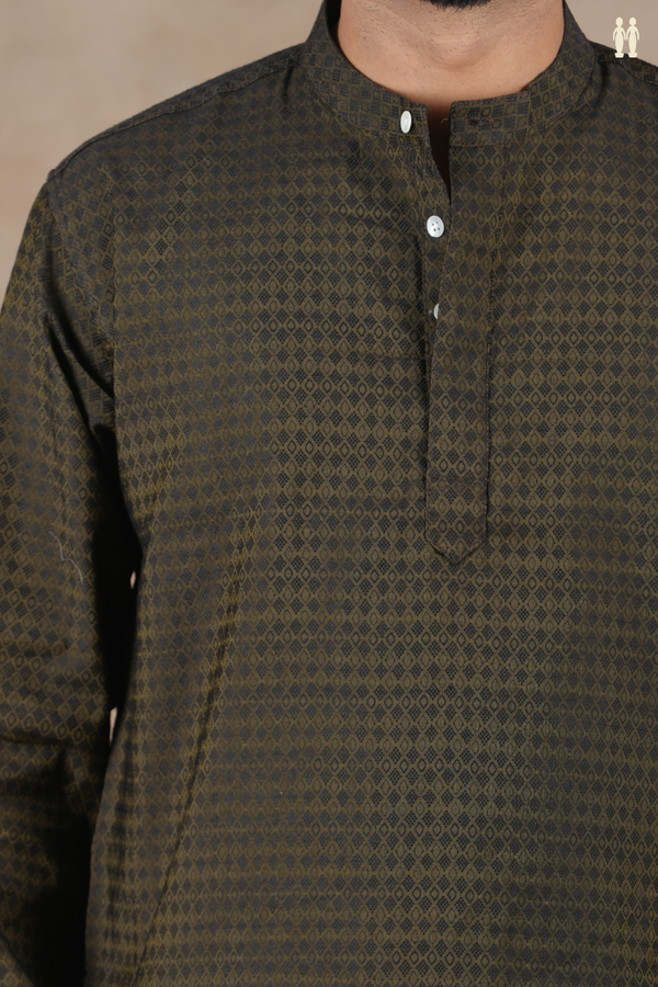 Chinese Collar Threadwork Design Green Banarasi Short Kurta