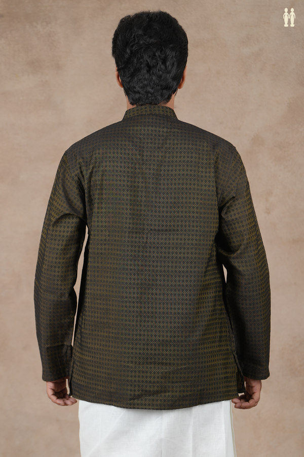 Chinese Collar Threadwork Design Green Banarasi Short Kurta