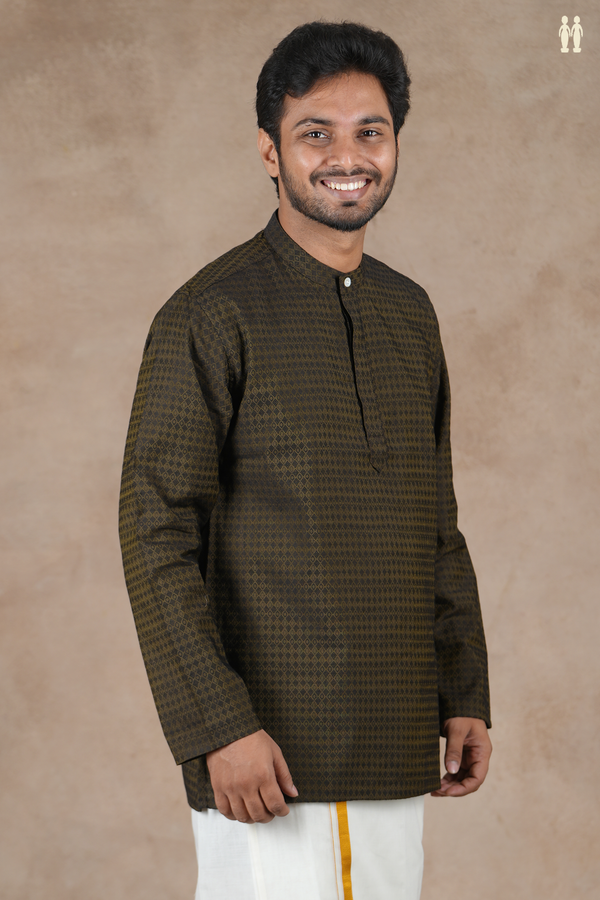 Chinese Collar Threadwork Design Green Banarasi Short Kurta