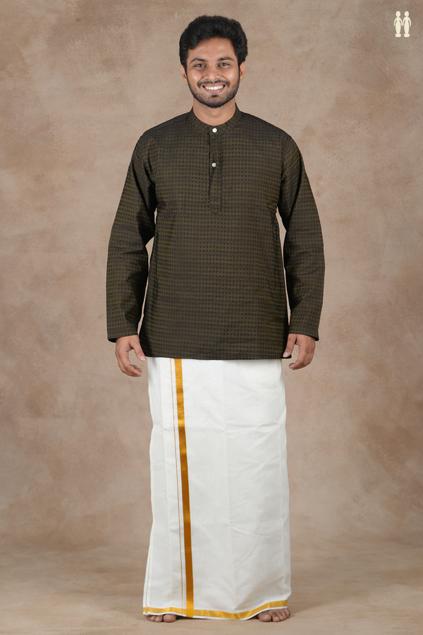 Chinese Collar Threadwork Design Green Banarasi Short Kurta